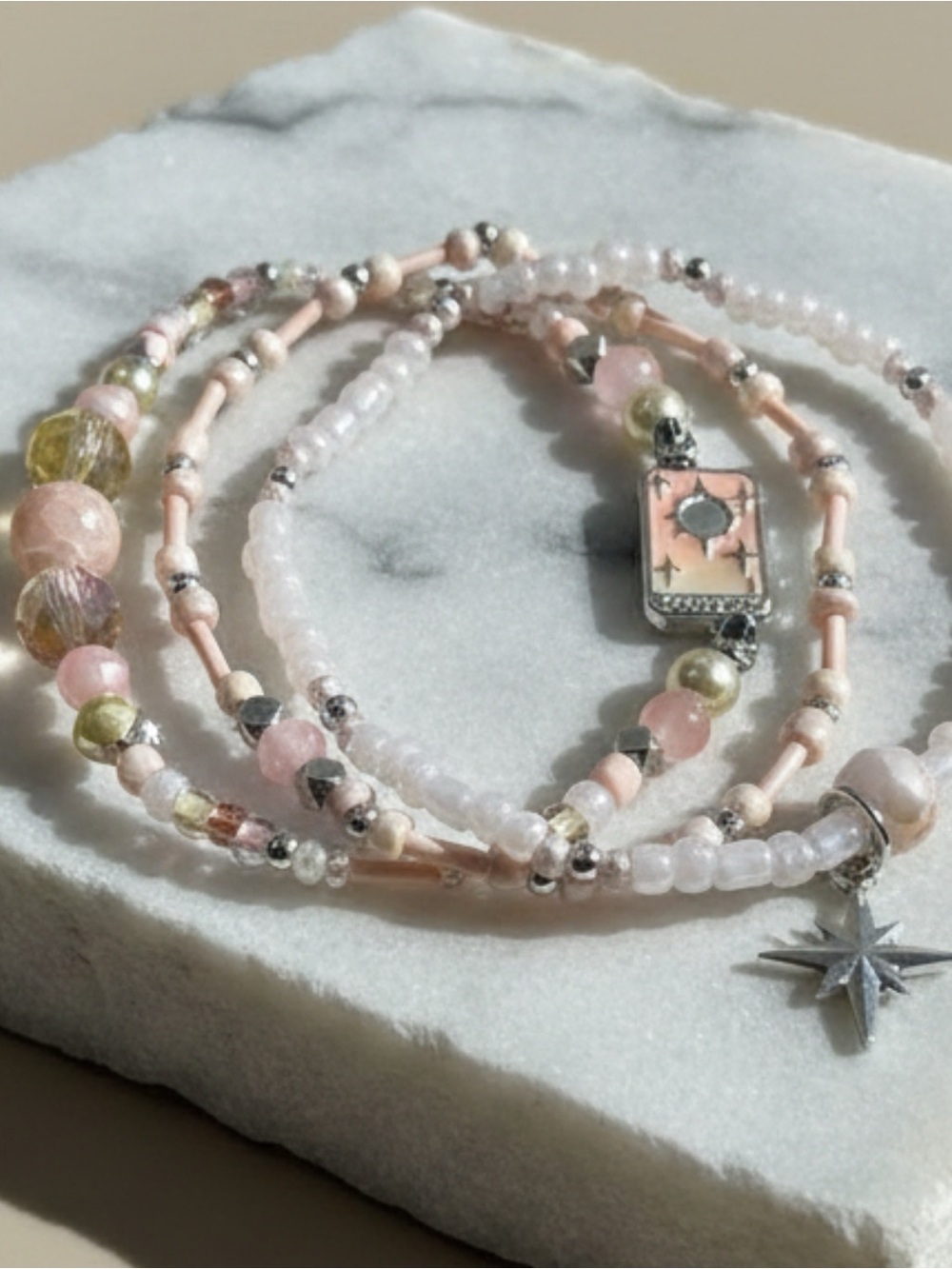 3 Delicate peach and silver stretch bracelets size 8